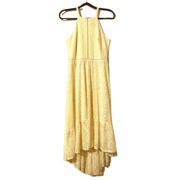Vince Camuto Dress Sz 2 Lace Overlay Halter High-Low Cream Dress Ruffle Trim - Picture 2 of 7